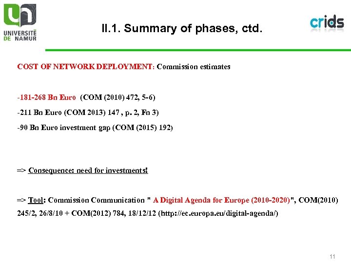 II. 1. Summary of phases, ctd. COST OF NETWORK DEPLOYMENT: Commission estimates -181 -268