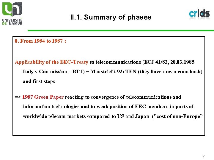 II. 1. Summary of phases 0. From 1984 to 1987 : Applicability of the