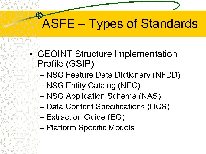 ASFE – Types of Standards • GEOINT Structure Implementation Profile (GSIP) – NSG Feature
