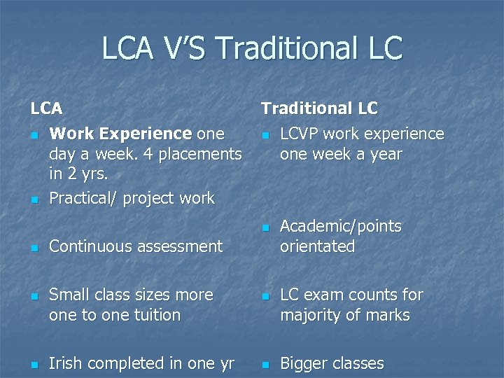 LCA V’S Traditional LC LCA n Work Experience one day a week. 4 placements