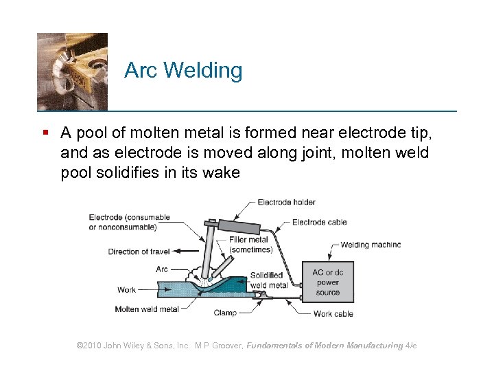 Arc Welding § A pool of molten metal is formed near electrode tip, and