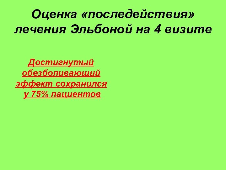Оценка «последействия» лечения Эльбоной на 4 визите Достигнутый обезболивающий эффект сохранился у 75% пациентов