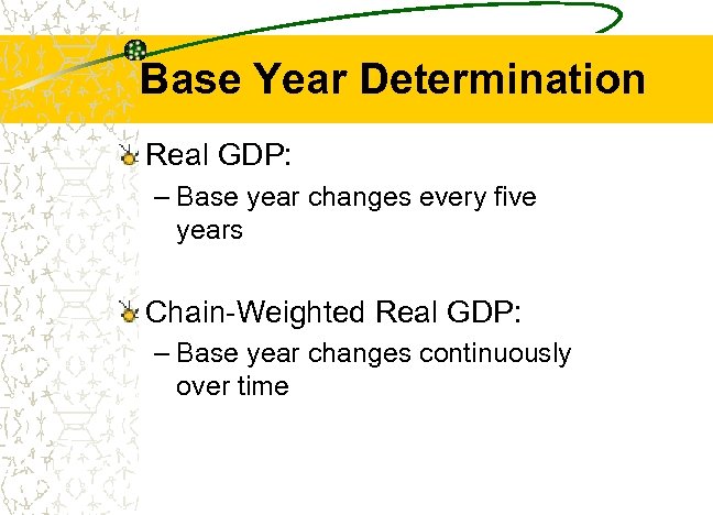 Base Year Determination Real GDP: – Base year changes every five years Chain-Weighted Real