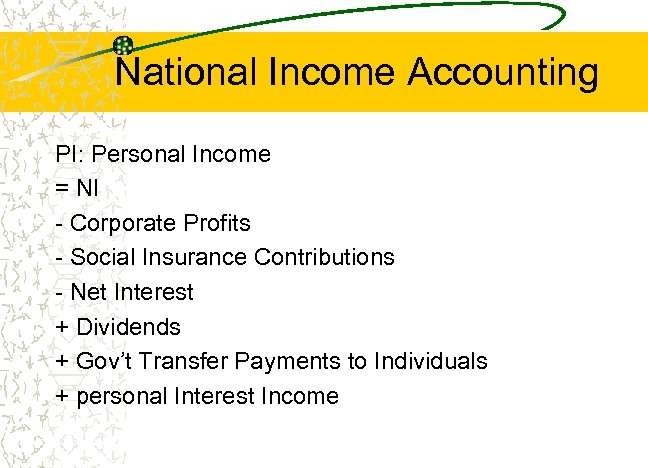 National Income Accounting PI: Personal Income = NI - Corporate Profits - Social Insurance