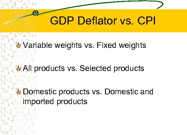 GDP Deflator vs. CPI Variable weights vs. Fixed weights All products vs. Selected products