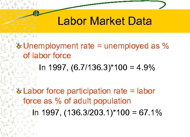 Labor Market Data Unemployment rate = unemployed as % of labor force In 1997,