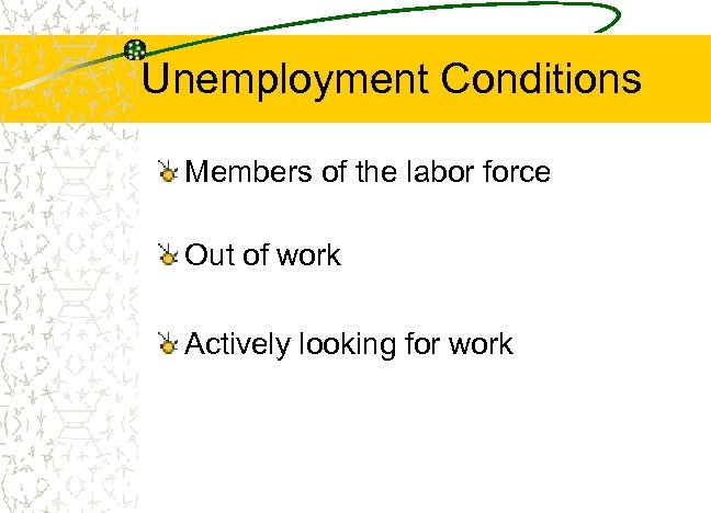 Unemployment Conditions Members of the labor force Out of work Actively looking for work