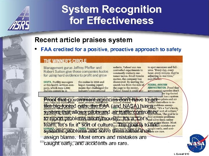 System Recognition for Effectiveness Recent article praises system • FAA credited for a positive,