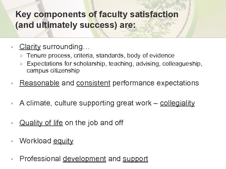 Key components of faculty satisfaction (and ultimately success) are: § Clarity surrounding… Ø Ø