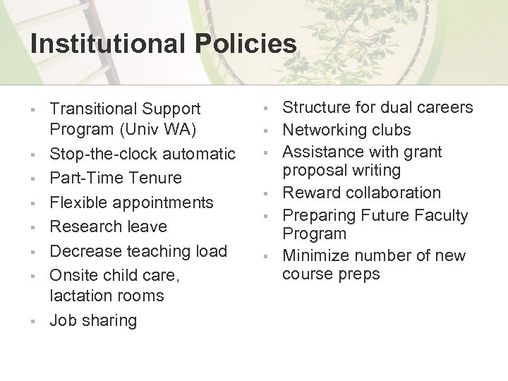 Institutional Policies § § § § Transitional Support Program (Univ WA) Stop-the-clock automatic Part-Time