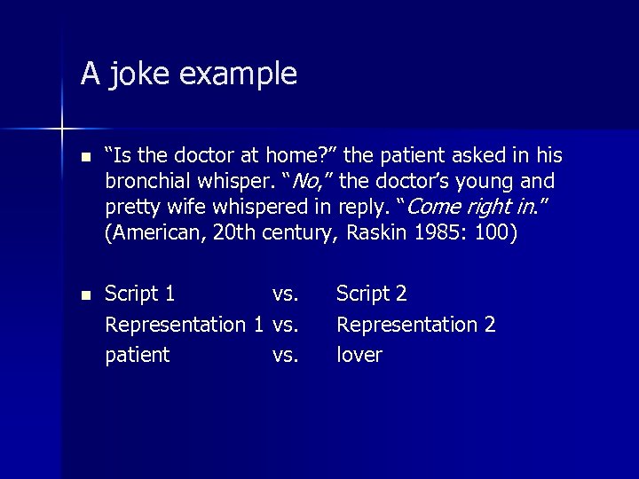 A joke example n “Is the doctor at home? ” the patient asked in