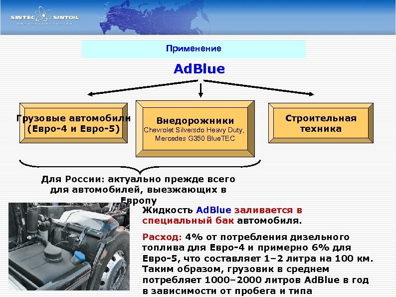 Применение Ad. Blue Грузовые автомобили (Евро-4 и Евро-5) Внедорожники Chevrolet Silversdo Heavy Duty, Mercedes