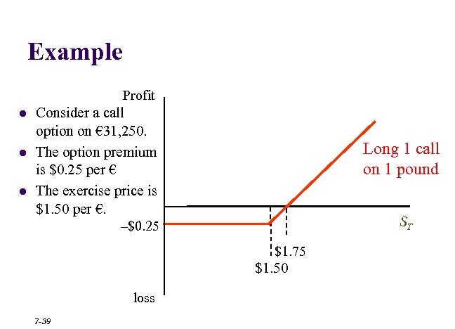 Example Profit l l l Consider a call option on € 31, 250. The