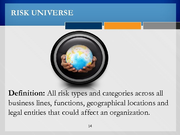 RISK UNIVERSE Definition: All risk types and categories across all business lines, functions, geographical