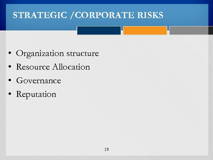 STRATEGIC /CORPORATE RISKS • • Organization structure Resource Allocation Governance Reputation 19 