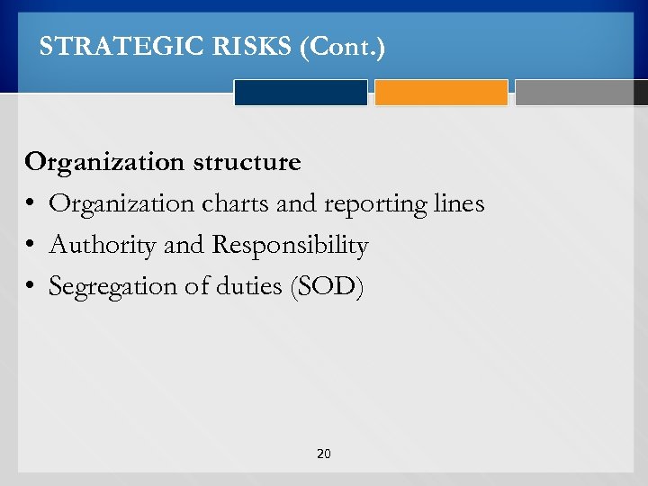 STRATEGIC RISKS (Cont. ) Organization structure • Organization charts and reporting lines • Authority