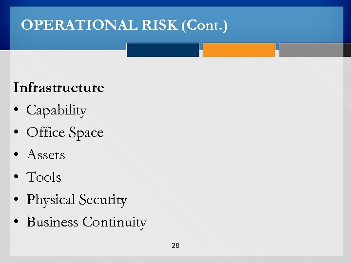 OPERATIONAL RISK (Cont. ) Infrastructure • Capability • Office Space • Assets • Tools