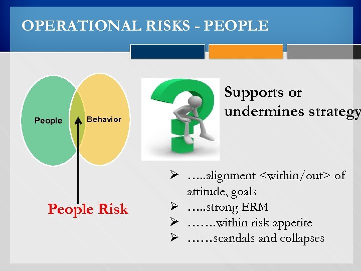 OPERATIONAL RISKS - PEOPLE People Behavior People Risk Supports or undermines strategy Ø ….