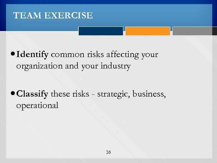 TEAM EXERCISE Identify common risks affecting your organization and your industry Classify these risks