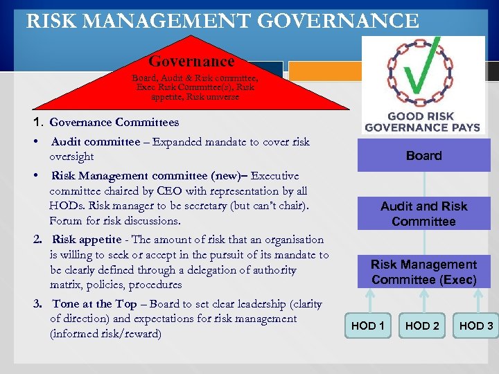 RISK MANAGEMENT GOVERNANCE Governance Board, Audit & Risk committee, Exec Risk Committee(s), Risk appetite,