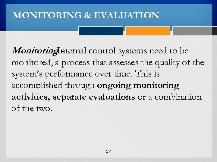 MONITORING & EVALUATION Monitoring. Internal control systems need to be monitored, a process that