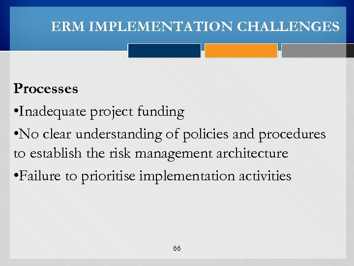 ERM IMPLEMENTATION CHALLENGES Processes • Inadequate project funding • No clear understanding of policies