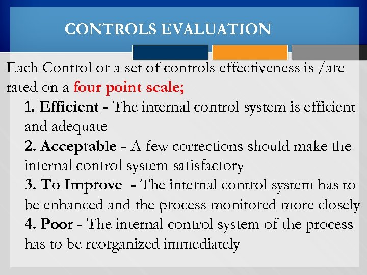 CONTROLS EVALUATION Each Control or a set of controls effectiveness is /are rated on