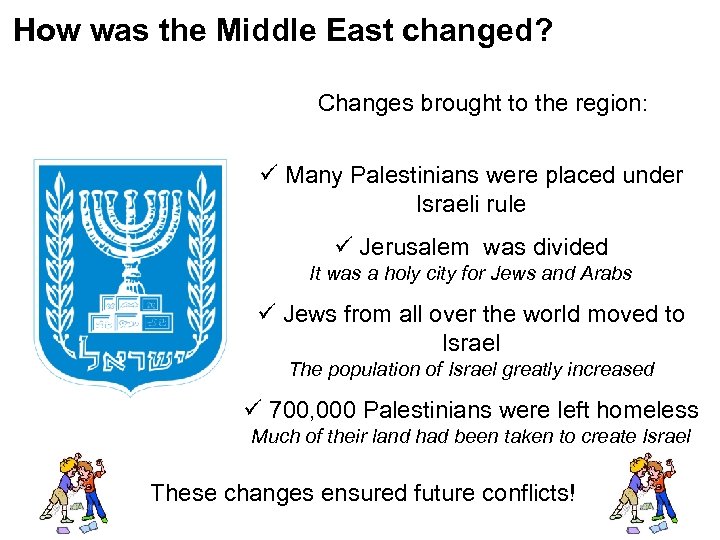 How was the Middle East changed? Changes brought to the region: ü Many Palestinians