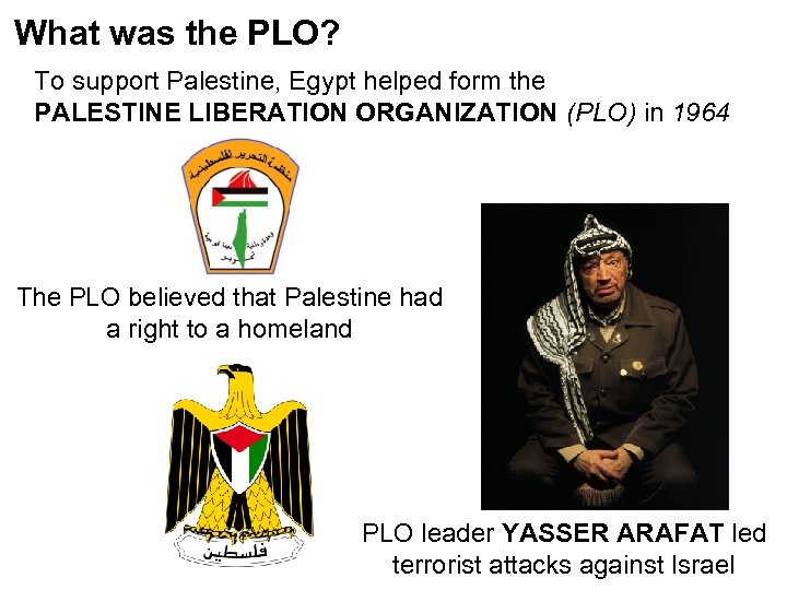 What was the PLO? To support Palestine, Egypt helped form the PALESTINE LIBERATION ORGANIZATION