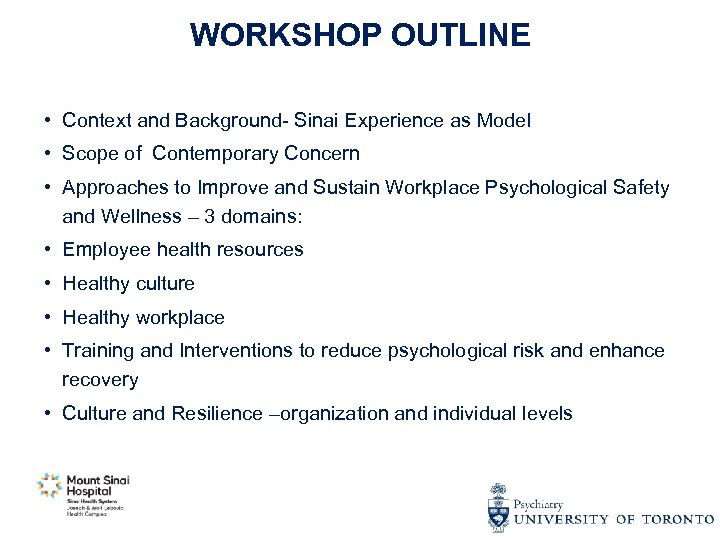 WORKSHOP OUTLINE • Context and Background- Sinai Experience as Model • Scope of Contemporary