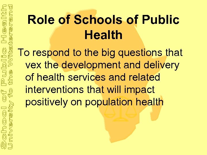 Role of Schools of Public Health To respond to the big questions that vex