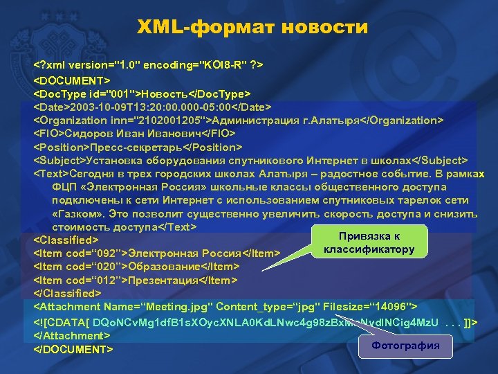 XML-формат новости <? xml version="1. 0" encoding="KOI 8 -R" ? > <DOCUMENT> <Doc. Type
