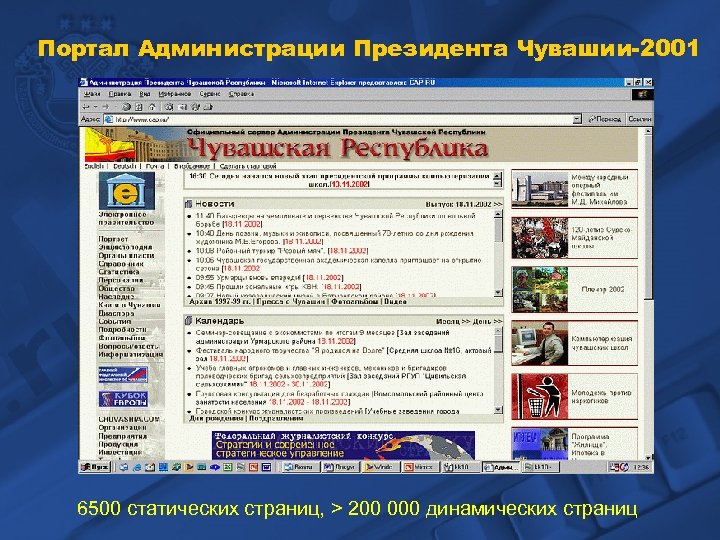 Портал Администрации Президента Чувашии-2001 6500 статических страниц, > 200 000 динамических страниц 