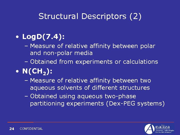 Structural Descriptors (2) • Log. D(7. 4): – Measure of relative affinity between polar