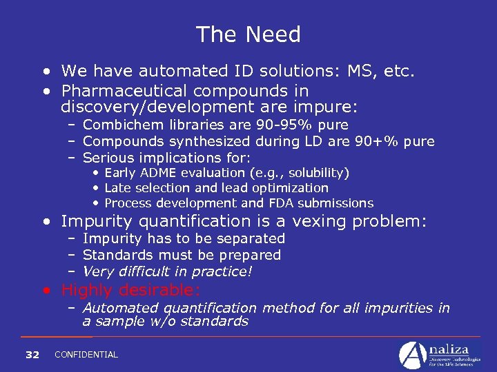 The Need • We have automated ID solutions: MS, etc. • Pharmaceutical compounds in