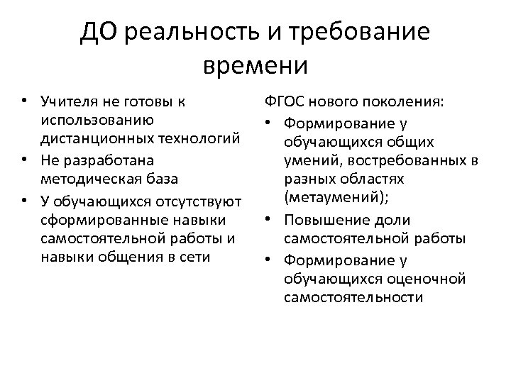 ДО реальность и требование времени • Учителя не готовы к использованию дистанционных технологий •