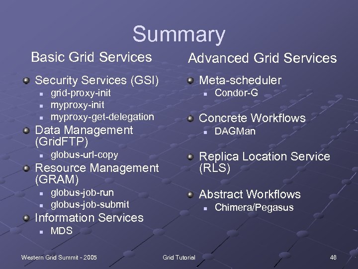 Summary Basic Grid Services Advanced Grid Services Security Services (GSI) n n n Meta-scheduler