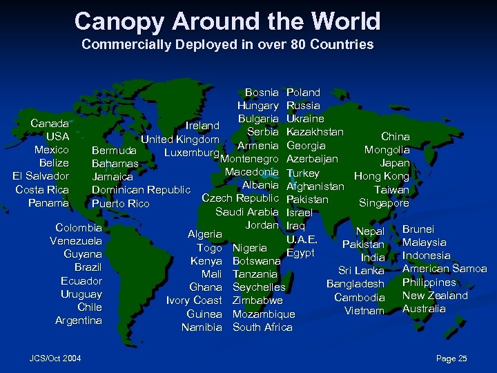 Canopy Around the World Commercially Deployed in over 80 Countries Bosnia Poland Hungary Russia