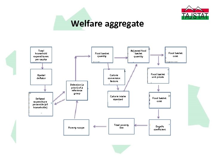 Welfare aggregate Total household expenditures per capita Adjusted food basket quantity Food basket quantity