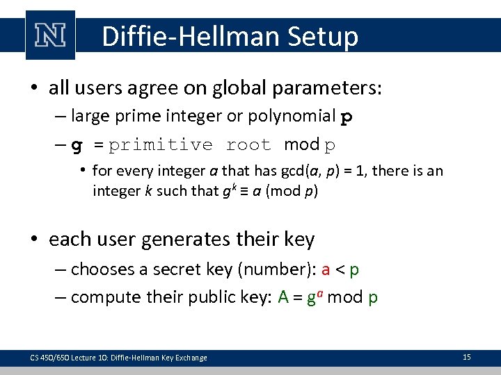 Diffie-Hellman Setup • all users agree on global parameters: – large prime integer or