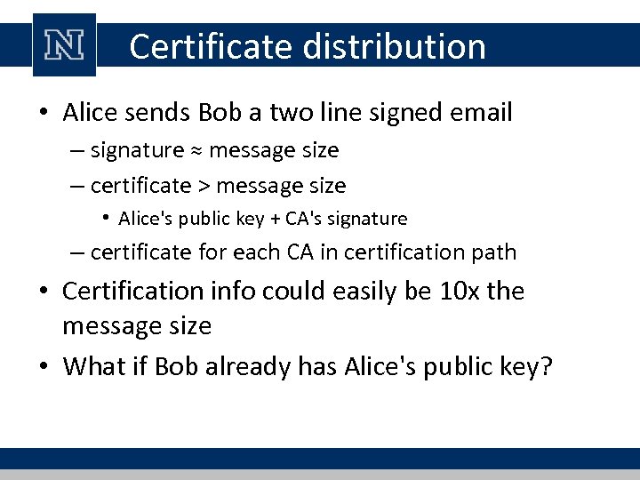 Certificate distribution • Alice sends Bob a two line signed email – signature ≈