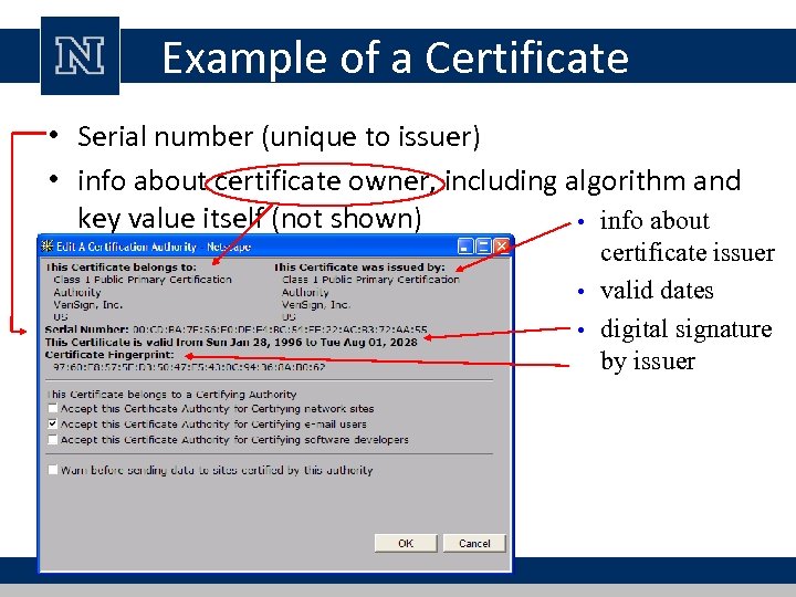 Example of a Certificate • Serial number (unique to issuer) • info about certificate