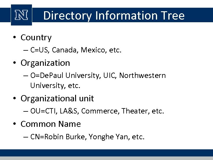 Directory Information Tree • Country – C=US, Canada, Mexico, etc. • Organization – O=De.