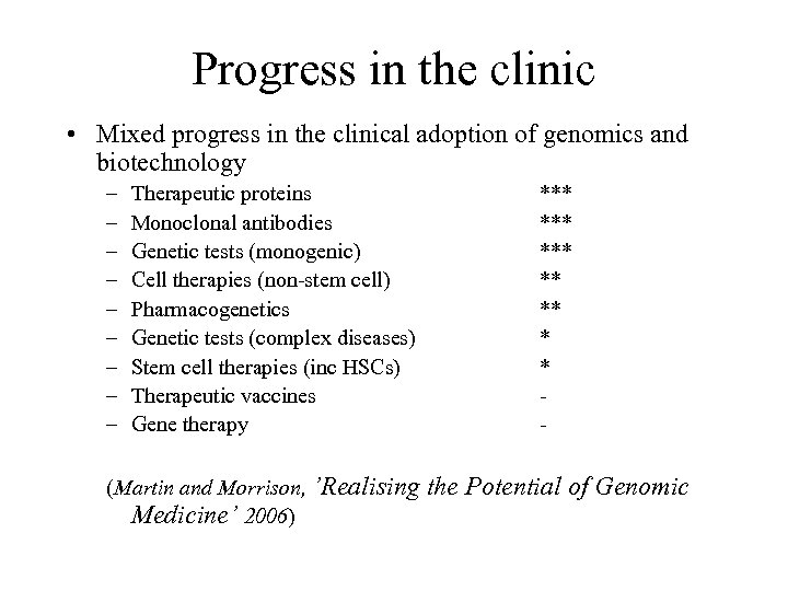 Progress in the clinic • Mixed progress in the clinical adoption of genomics and