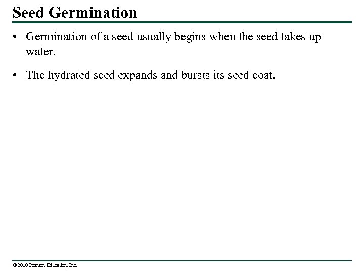 Seed Germination • Germination of a seed usually begins when the seed takes up