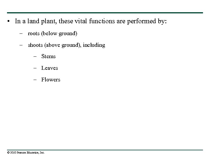  • In a land plant, these vital functions are performed by: – roots