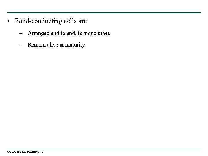  • Food-conducting cells are – Arranged end to end, forming tubes – Remain