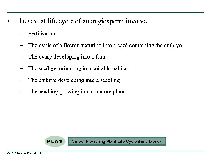  • The sexual life cycle of an angiosperm involve – Fertilization – The