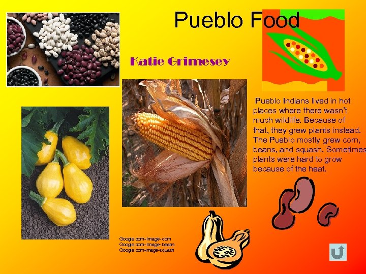 Pueblo Food Katie Grimesey Pueblo Indians lived in hot places where there wasn’t much