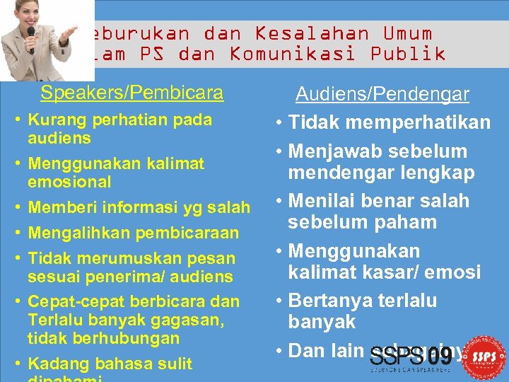 Keburukan dan Kesalahan Umum dalam PS dan Komunikasi Publik Speakers/Pembicara • Kurang perhatian pada